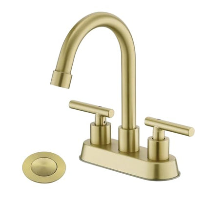 Brushed Gold Bathroom Faucet, 2-Handle 4" Centerset Sink Faucet with Drain | YardMonet Brushed Gold Bathroom Sink Faucet, 2-Handle Stainless Steel Vanity Faucet with Pop-up Drain and Supply Lines - color: Gold