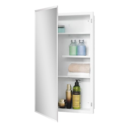 White Metal Medicine Cabinet, 18 x 30 Beveled Mirror, Surface Mount Storage | 18 x 30 Mirrored Medicine Cabinet with Adjustable Staggered Shelves, Piano Hinge, Left/Right Swing, Preassembled, Matte White - color: White, size: 18 x 30