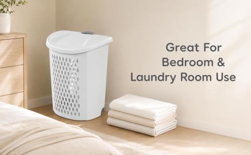 White Plastic Rolling Laundry Hamper with Lid and Ventilated Body | Large Rolling Laundry Hamper with Lid & Telescoping Handle - Portable Plastic Clothes Basket on Wheels for Bedroom