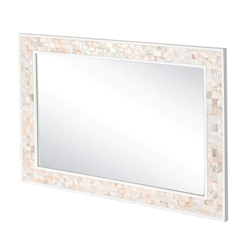 30x40 Inch Large Bathroom Mirror with White Wood Frame | Rectangular Wall Mirror, Handcrafted Mother of Pearl Mosaic Inlay, 3mm Tempered Glass, Horizontal Vertical Wall Mount Decor - size: 40"L x 30"W