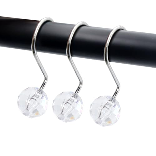 J&V TEXTILES Shower Curtain Hooks Rings, Rust Resistant Metal Double Glide Shower Hooks Rings for Bathroom Shower Rods Curtains, Set of 12 Hooks (Crystal Clear Sphere) - color: Crystal Clear Sphere