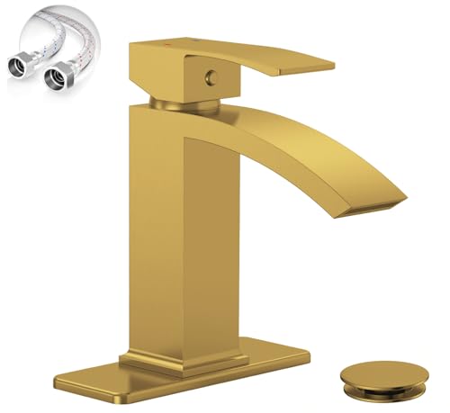 Brushed Gold Waterfall Bathroom Faucet for 1 or 3 Holes, Brass | Single Handle Bathroom Sink Faucets for Lavatory Commercial Vanity, Basin Taps with Deck Plate, Pop Up Drain and Supply Line - color: Brushed Gold, size: Short