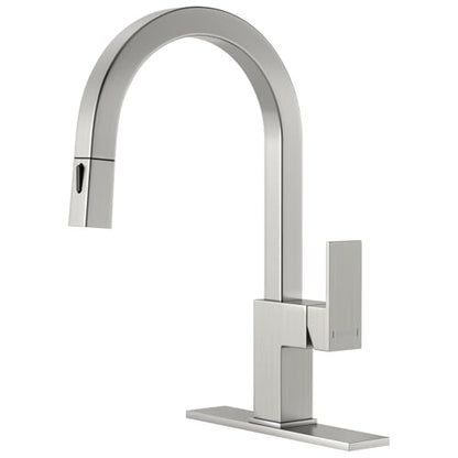 DAYONE Square Kitchen Faucet Brushed Nickel, Modern Pull Down Kitchen Sink Faucet with Spray 2 Modes, S304 Stainless Steel Single Handle Faucet for Kitchen Sink, with Square Deck Plate - color: Brushed Nickel