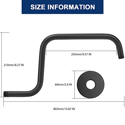 NearMoon S Shape Shower Extension Arm with Flange, Stainless Steel High Rise Shower Head Extender Pipe, Horizontal Extension Standard 1/2" Connection- Bathroom Accessory, 16 Inch (Matte Black)