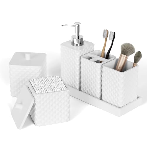 Bathroom Accessories Set Resin 6PCS, Square Toothbrush Holders Set Complete with Soap Dispenser, Vanity Tray, Tumbler, Cups and Cotton Swab Jars (White Diamond, Resin Bath 6 PCS) - color: White Diamond