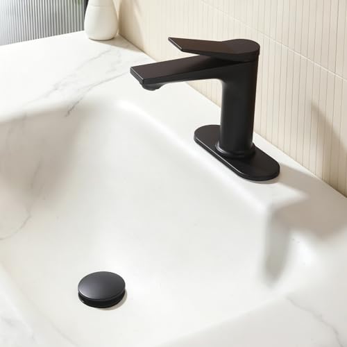 Rbrohant Single Hole Bathroom Faucet, Matte Black Single Handle Bathroom Sink Faucets for 1 Hole, Bathroom Vanity Faucet with Pop up Drain and Cover Plate, Deck Mount, R2001-MBP - color: Matte Black, style: With Escutcheon