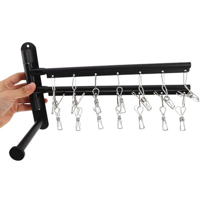 Black Stainless Steel Balcony Clothes Drying Rack Wall Mount with 2-Tier Multi Bar, 360° Rotating Arms, Windproof Clips, and No-Drill Installation for Bathroom and Studio Settings,