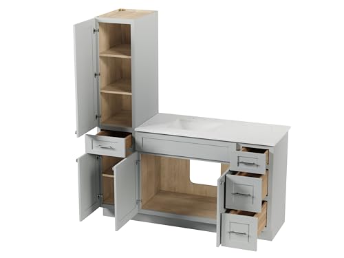 63" Bathroom Vanity with Linen Storage Tower and 4 Drawers, Carrara Quartz Top and Ceramic Sink, Left or Right Tower Option, Solid Wood Frame, 64" x 22" x 72" (Gray, Left Tall Cabinet) - color: Grey