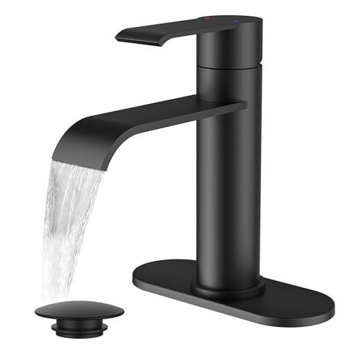 FORIOUS Waterfall Black Bathroom Faucet 1 Hole, one Matte Black Faucet Rv | Single Hole Bathroom Sink Faucet Matte Black, Single Handle Rv Faucet Bathroom for Sink with Deck Plate and Pop-up Drain - color: Matte Black