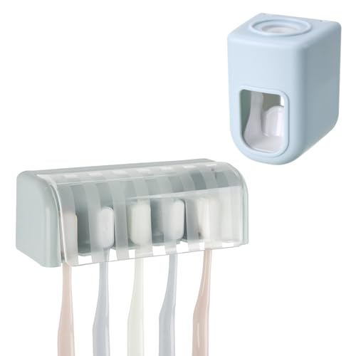 5 Slots Wall Mount Toothbrush Holder with Cover, Self Adhesive Toothbrush Storage Organizer for Shower, Toothbrush Hanger with Automatic Toothpaste Squeezer Dispenser (Blue) - color: Blue Combination