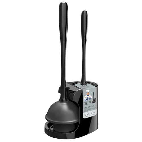 MR.SIGA Toilet Plunger and Bowl Brush Combo for Bathroom Cleaning, Black | Heavy duty toilet brush and plunger set, toilet bowl brush and plunger with holder - color: Black