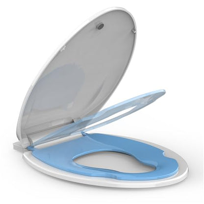 19" Elongated Toddler Toilet Seat, Built-In Potty Training Seat with Soft Quiet Close Non-Slip Design, Magnetic Kids Seat and Cover for Family Bathrooms, Durable and Easy to Clean,Blue - color: Blue, with Toddler Seat, size: Elongated (19″)