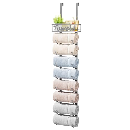 HapiRm Towel Racks for Bathroom Storage - 9 Tier Over The Door & Wall Mount Rolled Towel Storage Organizer Holder with Metal Shelf Basket for Small Bathroom, Camper, Rv - Sliver, Patented - color: Silver, size: 9-Tier