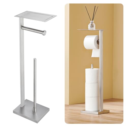 Freestanding Toilet Paper Holder for Bathroom – Brushed Stainless Steel Square Tissue Dispenser with Storage Tray & Roll Organizer - color: Brushed