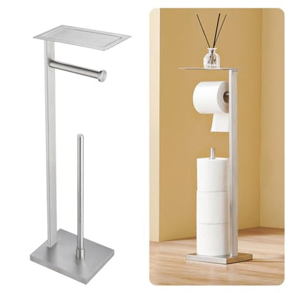 Freestanding Toilet Paper Holder for Bathroom – Brushed Stainless Steel Square Tissue Dispenser with Storage Tray & Roll Organizer - color: Brushed
