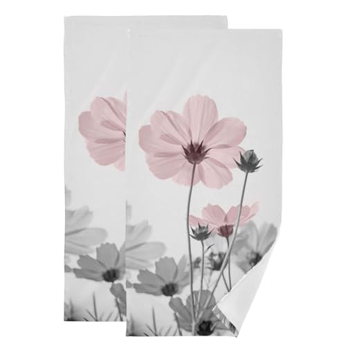 2 Pack Pink and Grey Floral Hand Towels for Bathroom,Absorbent Fingertip Guest Chic Flower Daisy Decorative Bath Towels,Soft Vintage Blak Gray Branch Dish Towels for Kitchen Decor 14"x28" - color: Pink Grey