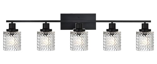 MELUCEE 5 Lights Black Bathroom Light Fixture Modern Light Fixtures | Wall Mounted Modern Vanity Lighting with Hammered Glass Shade Suitable for Bathroom Mirror Sink Cabinet - color: Black, size: 5 Lights