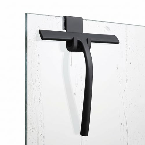 Shower Squeegee for Glass Doors, Mirror Window Tile Scrubber Cleaner with Hook Silicone (Black) - color: Black