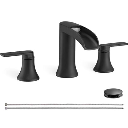 Matte Black Widespread Bathroom Sink Faucet 3 Hole, 8 Inch Waterfall Faucet for Bathroom Sink with Pop-Up Drain and cUPC Supply Lines, 2 Handles for Vanity Lavatory Restroom, Brass Material - color: Matte Black - Elegant