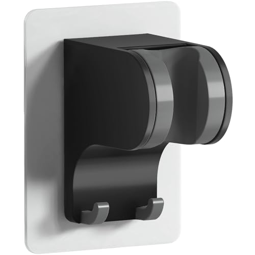 HANLIAN Strong Adhesive Handheld Shower Head Holder Without Drilling | 50° Adjustable Shower Wand Holder Wall Mount with Hooks, Waterproof Hand Held Showerhead Bracket with Hanger(Black, 1 piece) - color: Black