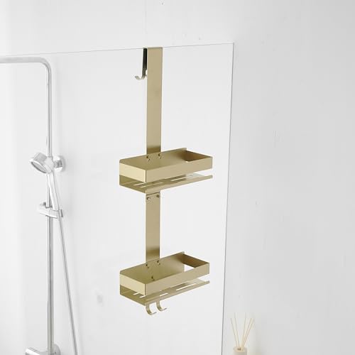 Gold Shower Caddy Over Shower Door - 2 Tier Hanging Shower Caddy Organizer No Drilling, Shower Storage Shelf for Indoor Shower, Bathroom, Bedroom, Kitchen - color: Gold