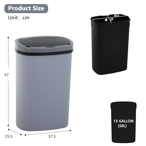 13 Gallon/50 L Kitchen Trash Can with Lid, Garbage Can with Touch-Free Lid, Cute Automatic Trash Can Bathroom Trash Bin, Motion Sensor Waterproof Trash Bin - color: Gray, size: 1 Trash Can