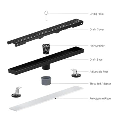 36 Inch Linear Shower Drain, Matte Black 304 Stainless Steel, CUPC Certified Floor Drain with Removable Grate, Hair Strainer and Leveling Feet - color: Black, size: 36''