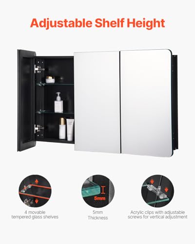 VEVOR Medicine Cabinet, 25.5 x 40 inch, Medicine Cabinet for Bathroom with Mirror, Aluminum Frame Bathroom Wall Cabinet, 4-Layer Adjustable Shelves, Recessed & Wall-Mounted Installation - size: 25.5x40in