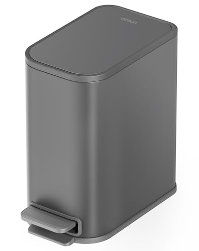 Cesun Small Bathroom Trash Can with Lid Soft Close & Pedal, 1.3 Gal, Gray | Removable Inner Bucket, Slim Stainless Steel Garbage Can for Bedroom/Office, Included 5 Trash Bags, Hidden Bag, Built to Last - color: Gray