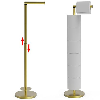 RUACQ Bathroom Toilet Paper Holder Stand with Storage, Gold | Free Standing Toilet Roll Holder, Height Adjustable, Holds 6 Reserve Rolls, Weighted Base, 304 Stainless Steel Rustproof - color: Gold