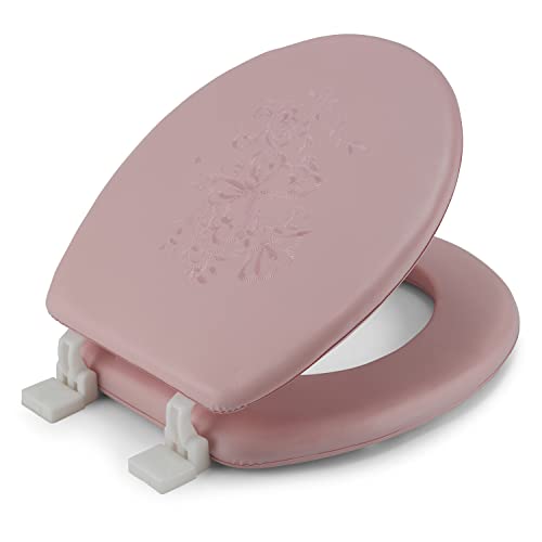 J&V Textiles Embroidered Soft Round Toilet Seat With Easy Clean & Change Hinge, Padded (Pink) - color: Pink