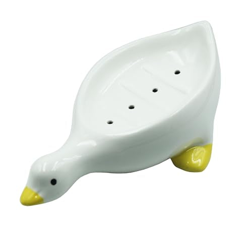 Duck Ceramic Soap Dish with Drain, 7.87 Inch Cute Duck Shaped Soap Tray, Sponge Holder, for Shower,Bathroom,Bar,Kitchen - color: Duck Soap Dish
