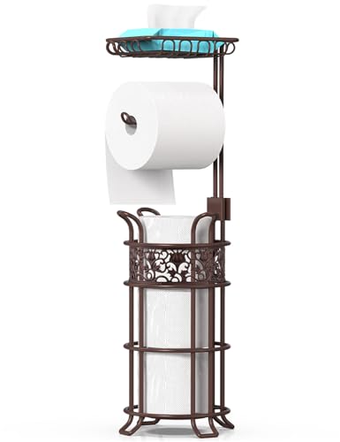Upgraded Toilet Paper Holder Stand for Bathroom, Holds 3 Big Rolls of Jumbo Mega Paper, Top Shelf for Wipes Tissue, Sturdy Freestanding Paper Roll Dispenser, Floral Pattern, Bronze Red - color: Bronze Red