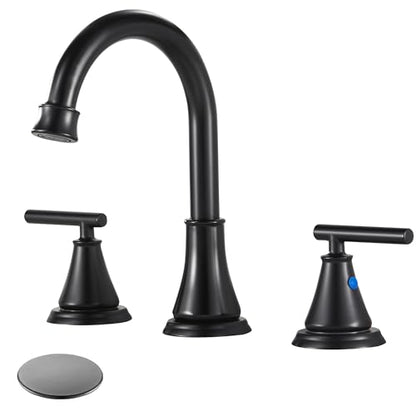 Black 8 Inch Widespread Bathroom Sink Faucet 3 Hole, Bathroom Vanity Faucet with Metal Pop-up Drain Assembly, 2 Handle Basin Supply Hoses - color: Matte Black