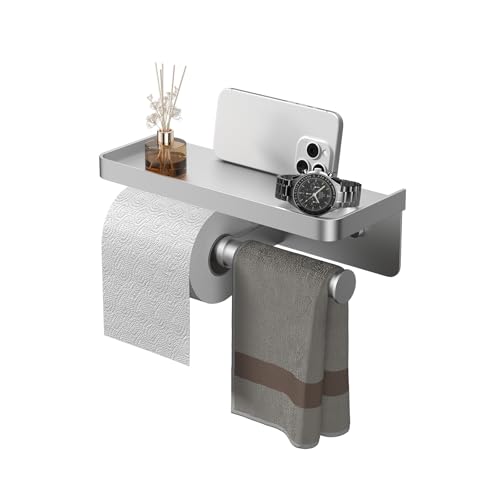 Double Toilet Paper Holder with Shelf, iMonse Paper Towel Holder Wall Mount,Tissue Roll Holder for Bathroom Kitchen RV, Double Tissue Roll Rack with Adhesive & Screw (Silver) - color: Silver-twoside