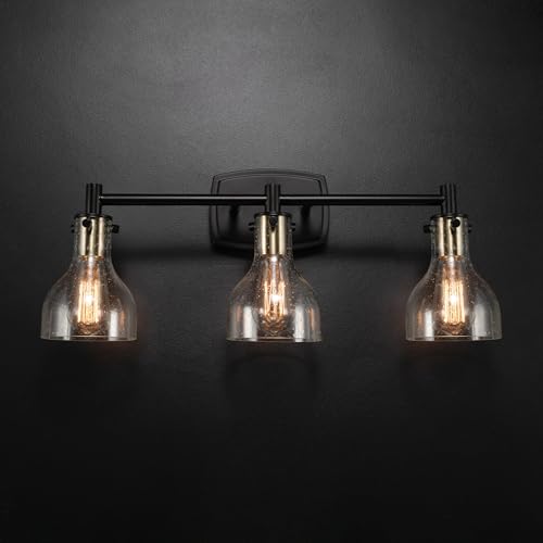 GLOBE Electric 63000062 5-Piece All-in-One Bathroom Set, Matte Black & Brass, 3-Light Vanity Light, Seeded Glass, Towel Bar, Toilet Paper Holder, Towel Ring, Robe Hook, Bathroom Lights Over Mirror - color: Matte Black, Bailey (5-Piece)
