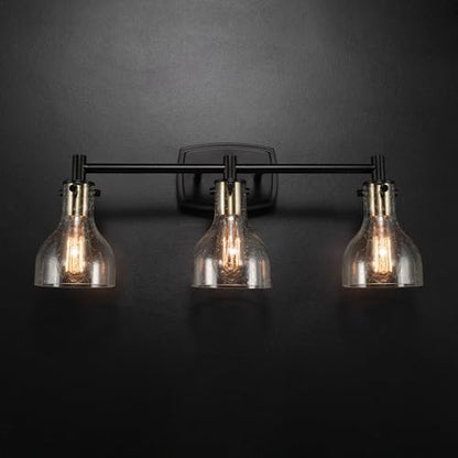 GLOBE Electric 63000062 5-Piece All-in-One Bathroom Set, Matte Black & Brass, 3-Light Vanity Light, Seeded Glass, Towel Bar, Toilet Paper Holder, Towel Ring, Robe Hook, Bathroom Lights Over Mirror - color: Matte Black, Bailey (5-Piece)