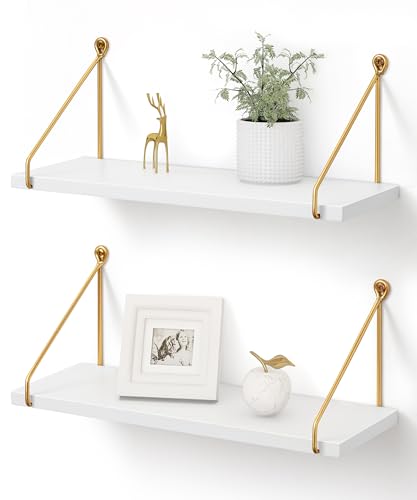 Afuly Floating Shelves for Wall, White and Gold Shelf, Display Wall Shelves | Hanging Bookshelf with Bracket, Solid Wood and Metal, Plants Display, for Bathroom, Kitchen, Living Room, Bedroom, Home Decor - color: White & Gold, size: 5.7"D x 16.5"W