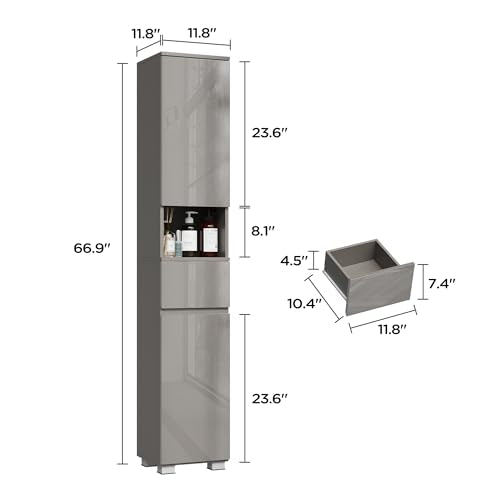 MHOM High Glossy Slim Bathroom Cabinet. 66.9" Tall Storage Cabinet with Drawer and Adjustable Shelves, Narrow Linen Cabinet for Bathroom, Laundry, and Living Room, Grey - color: Grey