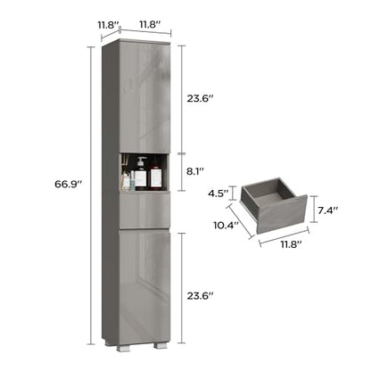 MHOM High Glossy Slim Bathroom Cabinet. 66.9" Tall Storage Cabinet with Drawer and Adjustable Shelves, Narrow Linen Cabinet for Bathroom, Laundry, and Living Room, Grey - color: Grey