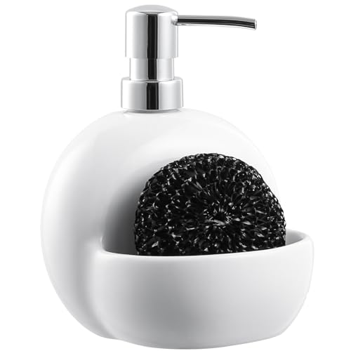 RQYIXI Round Ceramic Dish Soap Dispenser with Sponge Holder, White, 15 Oz | caddy kitchen sink organizer mesh scrubber refillable pump countertop lotion bathroom vanity - color: Round White