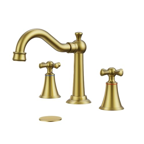 Hurran 8 Inch Widespread Bathroom Sink Faucet Brushed Gold, 3 Hole 2 Cross Handles Classic Vintage Antique Faucet with Metal Pop Up Drain and Supply Hoses for Vanity, RV, Farmhouse - color: Gold, size: 8in