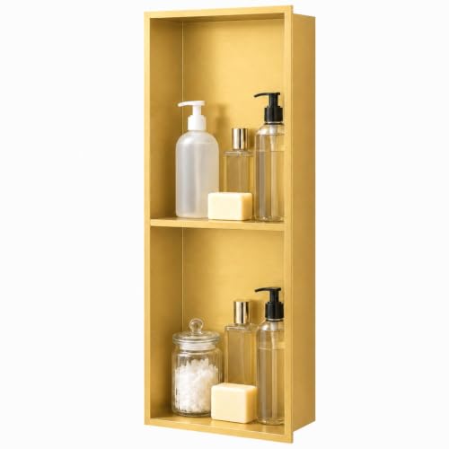 SaniteModar Stainless Steel Shower Niche Insert 8" x 24" Brushed Gold | No Tile Needed, Recessed Bathroom Niche 2-Tier, Waterproof, Space-saving, Easy Setup, Built-in Storage for Bathroom, Kitchen - color: Brushed Gold, size: 8" x 24"