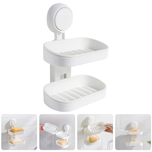 TOYANDONA Double Layer Wall Mount Soap Dish with Suction Cups, Detachable Plastic Soap Holder Rack for Bathroom Shower Drain Tray Organizer