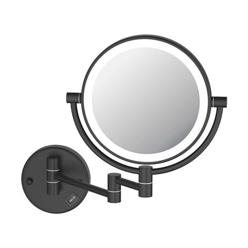 KIBI Circular Wall Mount Makeup Mirror with LED Lights, Dual-Sided 1x/5x Magnifying Mirror with Adjustable Arm, 360° Swivel, Solid Brass Construction for Durability and Style (Matte Black, KMM101) - color: Matte Black