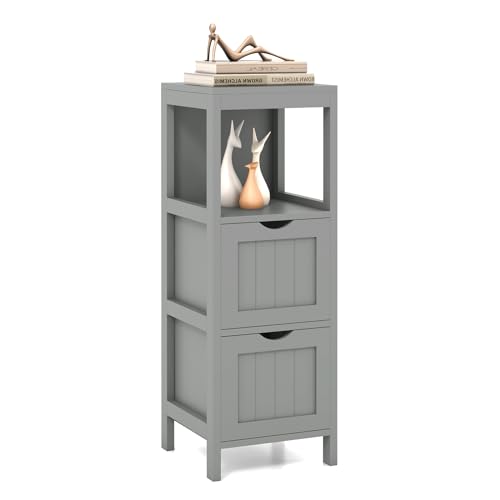 Tangkula Small Bathroom Storage Cabinet with 2 Removable Drawers, Wood Freestanding Floor Cabinet for Bathroom, Anti-Tipping Device, Side Corner Cabinet for Small Spaces (Grey) - color: Grey