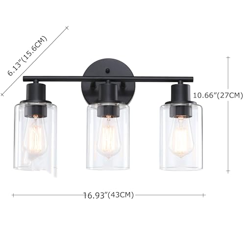 WISBEAM 3-Light Vanity Light Over Mirror, Black Bathroom Wall Light Fixtures with Clear Glass Shade Including E26 Medium Base, Bulb NOT Included - color: Black, size: VNT004