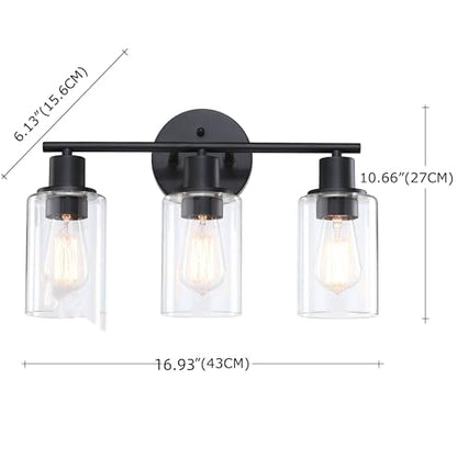 WISBEAM 3-Light Vanity Light Over Mirror, Black Bathroom Wall Light Fixtures with Clear Glass Shade Including E26 Medium Base, Bulb NOT Included - color: Black, size: VNT004