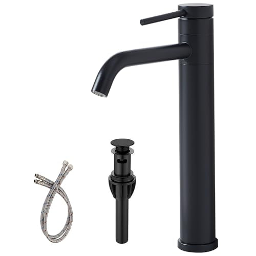 Hotis Vessel Sink Faucet Black, Tall Bathroom Faucet for Sink 1 Hole, 360 Swivel Body Single Handle Faucet for Bath Sink, Mixer Spout Stainless Steel Bathroom Faucets with Pop Up Drain - color: Black