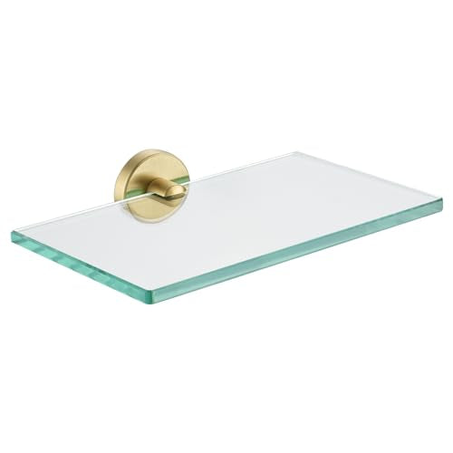 JQK Bathroom Glass Shelf Gold, Tempered Glass Shower Storage 8 by 5 inches, 304 Stainless Steel Brushed Gold Wall Mount, TGS101L8-BG - color: Gold, size: 8 Inch (1 Pack)